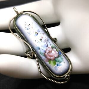 Vintage 1940s Russian Filigree Hand Painted Floral Pendant, Porcelain Floral Pin